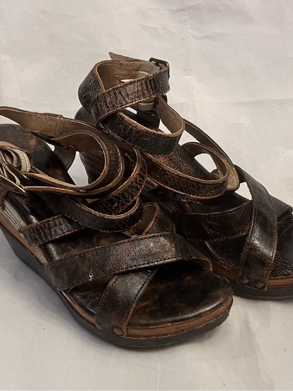 Bed Stu Juliana Strappy Wedge Sandals in Distressed Black Lux, Tan DD, & Rustic